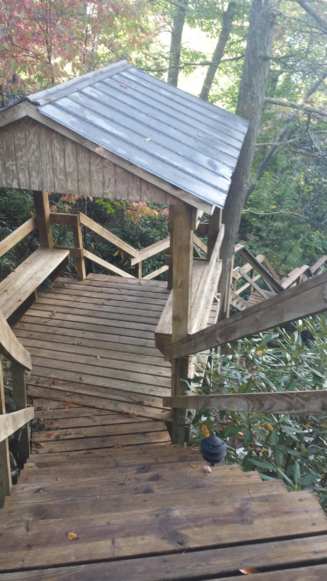 Metal roofed shelter over wooden steps on a wooded walkway — Skylight Repair & Installation work by our crew in Harvest